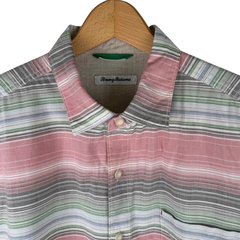 Tommy Bahama Striped Short Sleeve Cotton Button Down Shirt Mens L Pink Green